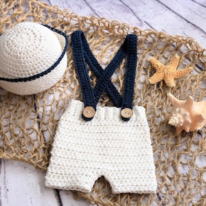 Traje de marinero para bebé de crochet con red de pesca, traje náutico para bebé, accesorio de red de pesca