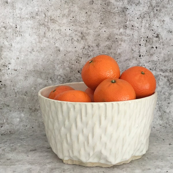 Ceramic Serving Bowl with unique hand carved surface texture, inspired by nature, wheel thrown, white glaze