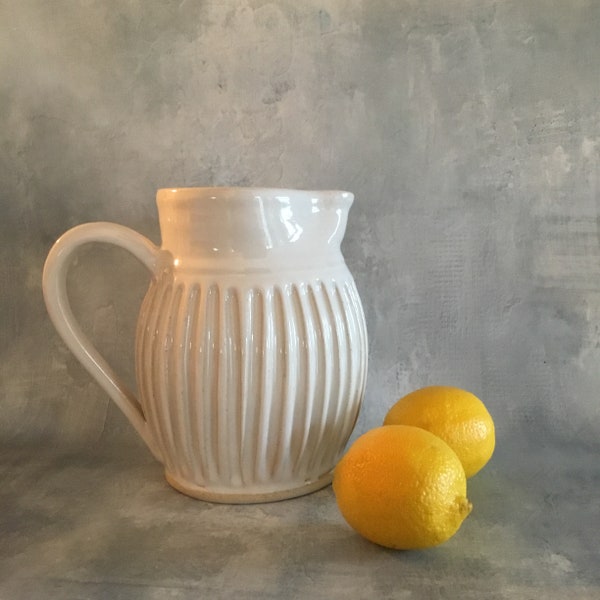 Ceramic Pitcher,  hand carved surface design, white glaze, wheel thrown, white pitcher, kitchen & dining, drink and barware
