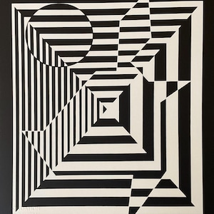 May include: Black and white abstract geometric art print with a circle and a triangle. The print features a series of concentric squares and stripes.