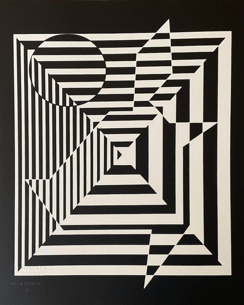 May include: Black and white abstract geometric art print with a circle and a triangle. The print features a series of concentric squares and stripes.