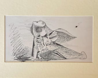 May include: Black and white line drawing of a woman holding a child. The woman is crying and the child is looking up at her. The drawing is done in a stylized, abstract style.