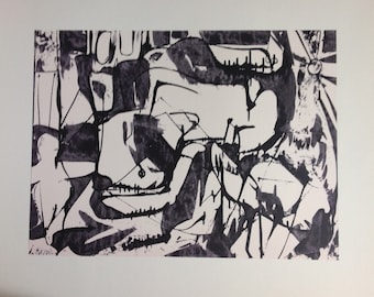 May include: Black and white abstract art print with a bold, expressive style. The print features a series of overlapping shapes and lines, creating a sense of movement and energy. The artist's signature is visible in the lower left corner.