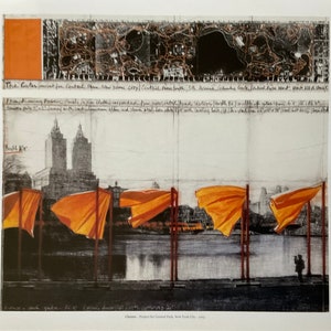 May include: A black and white drawing of a cityscape with a series of orange flags waving in the wind. The drawing is titled "The Gates, Project for Central Park, New York City, 1979" and includes handwritten notes about the project.
