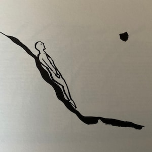 May include: A black and white line drawing of a person standing on a diagonal line, looking up at a small black circle in the upper right corner of the image.