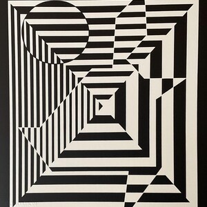 May include: Black and white abstract geometric art print with a circle, square, and triangle. The shapes are layered and create an optical illusion of depth.