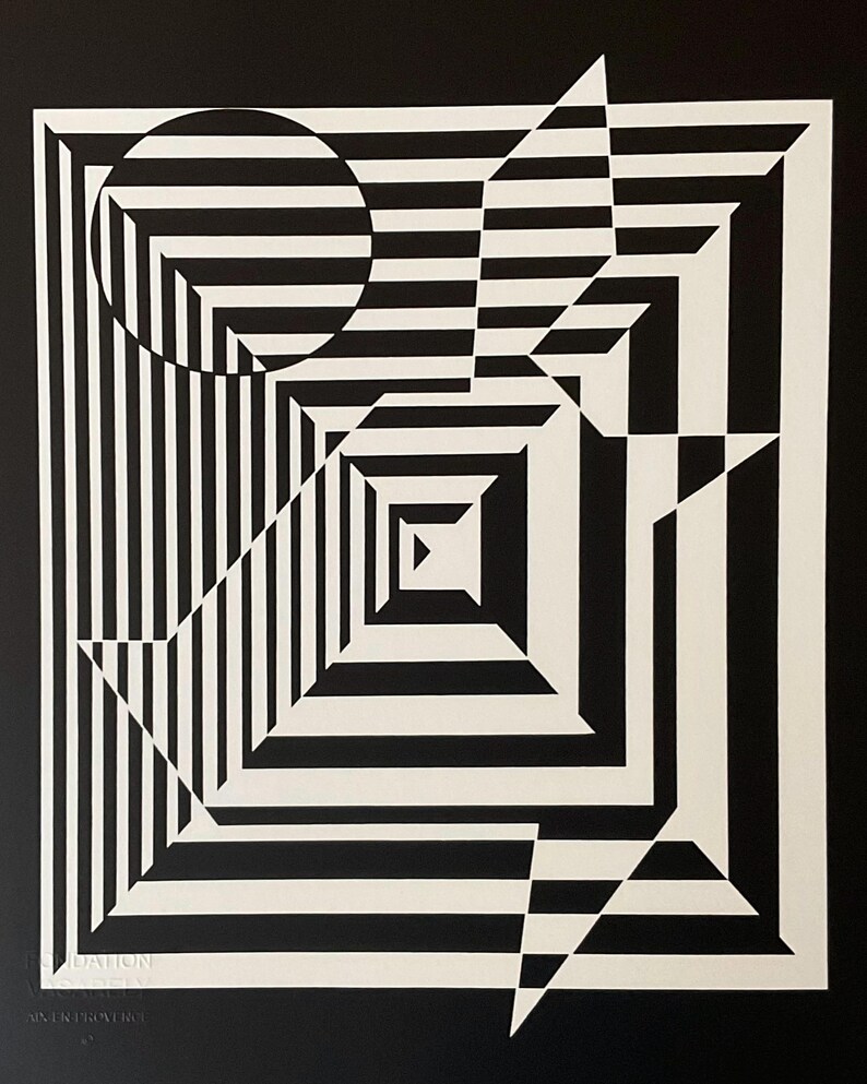 May include: Black and white abstract geometric art print with a circle, square, and triangle. The shapes are layered and create an optical illusion of depth.