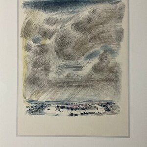 May include: A black and white pencil drawing of a landscape with a cloudy sky and a small town in the distance.