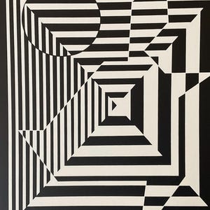 May include: Black and white abstract geometric art print with a circle, triangle, and square shapes. The shapes are layered and create an optical illusion.