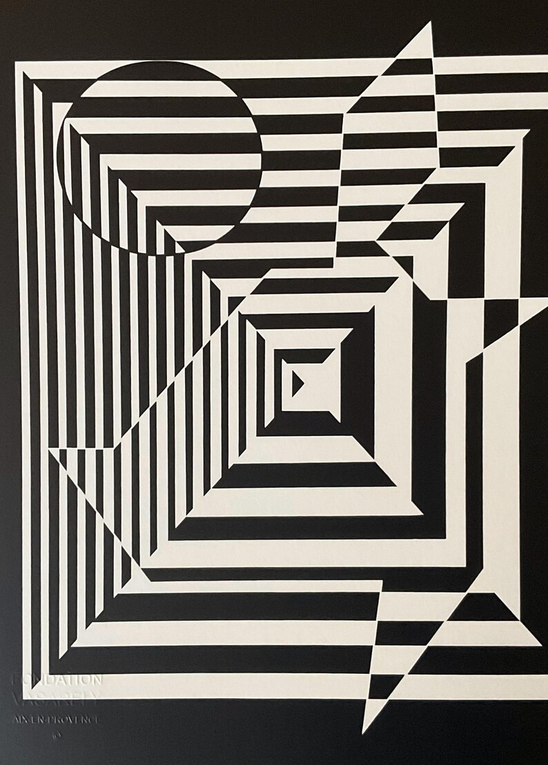 May include: Black and white abstract geometric art print with a circle, triangle, and square shapes. The shapes are layered and create an optical illusion.