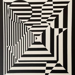 May include: Black and white abstract geometric art print with a circle, square, and triangle. The shapes are layered and create an optical illusion of depth.