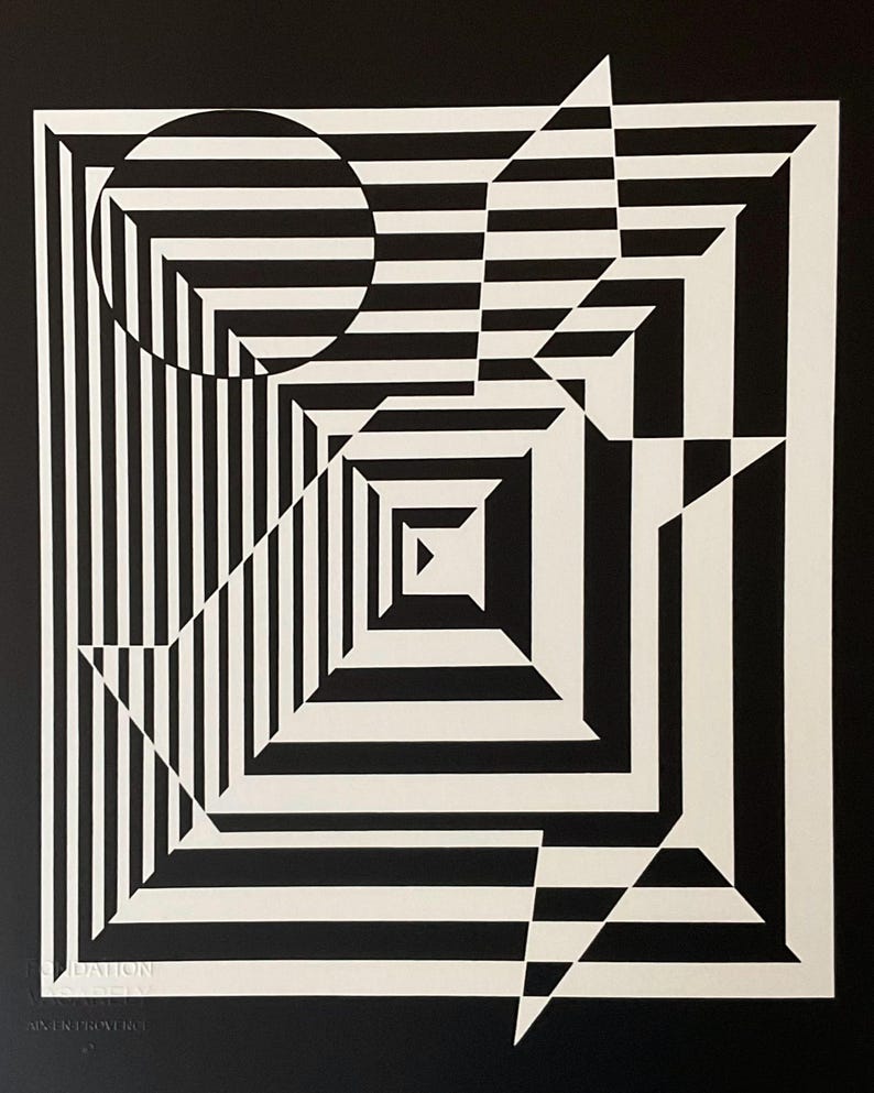 May include: Black and white abstract geometric art print with a circle, square, and triangle. The shapes are layered and create an optical illusion of depth.