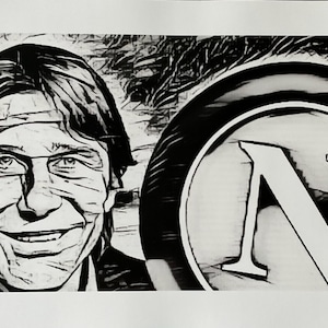 May include: Monochrome illustration featuring a smiling man and a circular emblem with a white 'N'. The image has a sketched appearance, with visible lines and shading, creating an artistic effect.