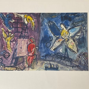 Pode incluir: Uma pintura abstrata colorida que retrata uma figura em vermelho sentada em frente a um cavalete com uma tela, cercada por pássaros amarelos e azuis. O fundo é de um azul vibrante com uma grande flor amarela.