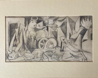 May include: A black and white pencil drawing of a bull, a wheel, and several figures in a cubist style.
