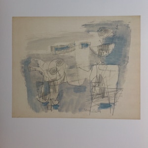 Op de afbeelding: Abstracte aquarelverf in tinten van blauw en grijs met een zwarte inkttekening van figuren. De handtekening van de kunstenaar, "louville 59", staat in de rechterbenedenhoek.