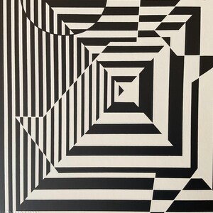 May include: Abstract black and white geometric pattern with a series of overlapping squares and stripes creating an optical illusion of depth.