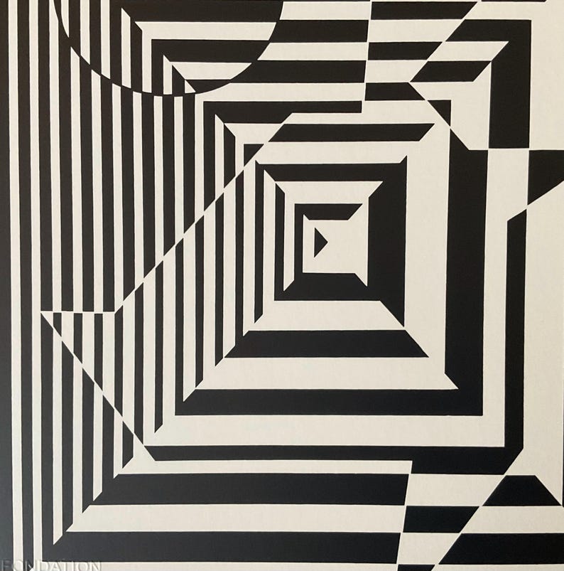 May include: Abstract black and white geometric pattern with a series of overlapping squares and stripes creating an optical illusion of depth.