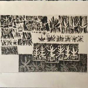 May include: Black and white abstract print with a geometric pattern of stylized trees. The print is signed and dated "L. Smith 1971".