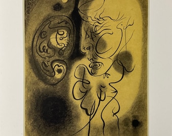 May include: Abstract artwork featuring a profile and other forms in black against a yellow-tan background. The artwork has a surrealist style with flowing lines and shapes. The artist's signature is in the lower right corner.