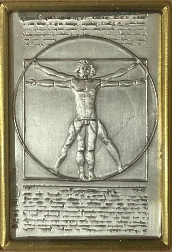 Leonardo Da Vinci - the Vitruvian Man - Silver Bas-relief - Cm 