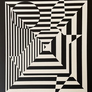 May include: Black and white abstract geometric art print with a circle and a triangle. The print features a series of concentric squares and stripes.