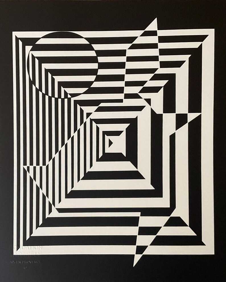 May include: Black and white abstract geometric art print with a circle and a triangle. The print features a series of concentric squares and stripes.