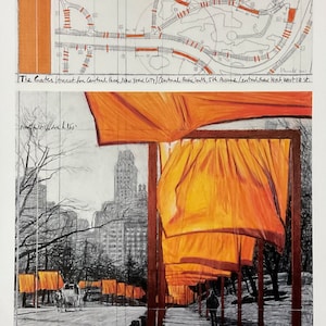 Peut inclure: Un dessin en noir et blanc d'une installation artistique à grande échelle à Central Park, New York City. L'installation se compose d'une série de panneaux en tissu orange suspendus entre des poteaux. Le dessin comprend des notes manuscrites et des mesures.