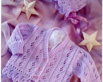 Knitting Pattern for Babies, Toddlers and Girls Lace Pattern Cardigan with Matching Bonnet PDF