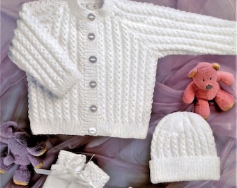 Knitting pattern for cable baby set,  preemie to 2 years