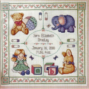 May include: Cross-stitch baby sampler with a teddy bear, elephant, doll, and bunny. The sampler includes the name "Sara Elizabeth Bradley", birthdate, and weight. The border features hearts and floral patterns, with safety pins and butterflies.