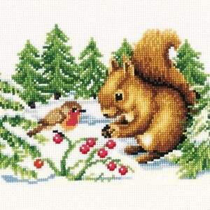 May include: Cross-stitch image of a squirrel and a robin in a snowy winter setting. The squirrel, in shades of brown, is eating, while the robin, with its red breast, looks on. Green fir trees and red berries add to the winter scene.