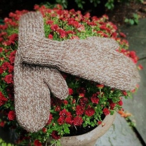 Op de afbeelding: Een paar gebreide wanten in een gespikkeld bruin en beige garen, rustend op een bed van felrode bloemen. De wanten hebben een traditioneel ontwerp en lijken handgemaakt. De achtergrond toont meer bloemen en onscherp gebladerte.