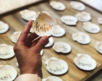 Wedding Personalized Table Name Plates Place Cards Decor Seating Chart Handwritten Shells Beach Lake Bay Nautical Wedding