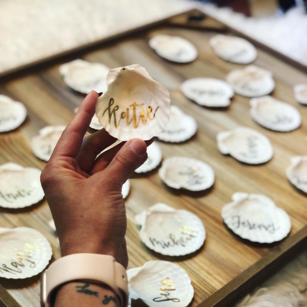 Wedding Personalized Table Name Plates Place Cards Decor Seating Chart Handwritten Shells Beach Lake Bay Nautical Wedding