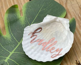 Rose Gold Shells / Custom Wedding Personalized Table Name Plates Place Cards Decor Seating Chart Handwritten Beach Lake Bay Nautical Wedding