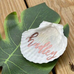 May include: A white seashell with the name "Hadley" written in rose gold lettering. The seashell is sitting on a green leaf.