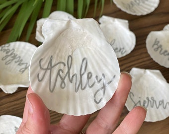 SILVER Seashells / Wedding Personalized Shells Table Name Plates Place Cards Decor Seating Chart Handwritten Beach Lake Bay Nautical Wedding