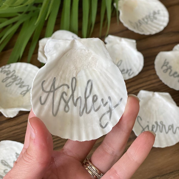 SILVER Seashells / Wedding Personalized Shells Table Name Plates Place Cards Decor Seating Chart Handwritten Beach Lake Bay Nautical Wedding