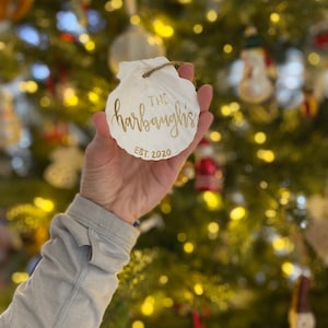 Personalized Family Name Couple Shell Ornament / coastal beach Christmas holiday gift newlyweds married wife husband