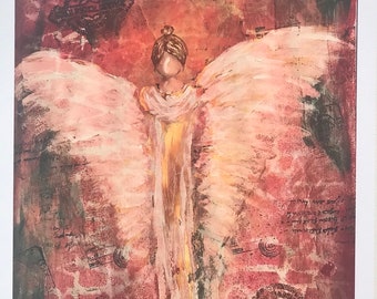May include: A painting of an angel with large, feathery wings. The angel is painted in shades of pink and white, with a golden halo. The background is a textured red with faded text and stamps.