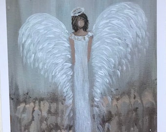 May include: A white angel with wings spread wide stands in a field of pink and white flowers. The angel is painted in a minimalist style with a halo above its head.