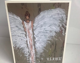 Angel Christmas card with "Rejoice!" wording