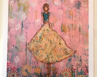 May include: A painting of a girl in a yellow floral dress standing in a field of colourful flowers. The background is a pink and white abstract design.