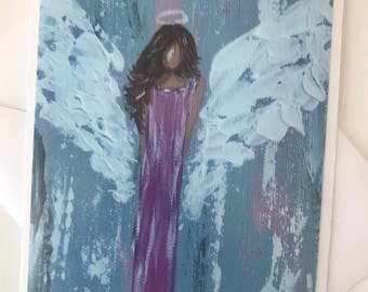 May include: A painting of an angel with white wings and a purple dress. The angel has a halo and is painted in a textured style.
