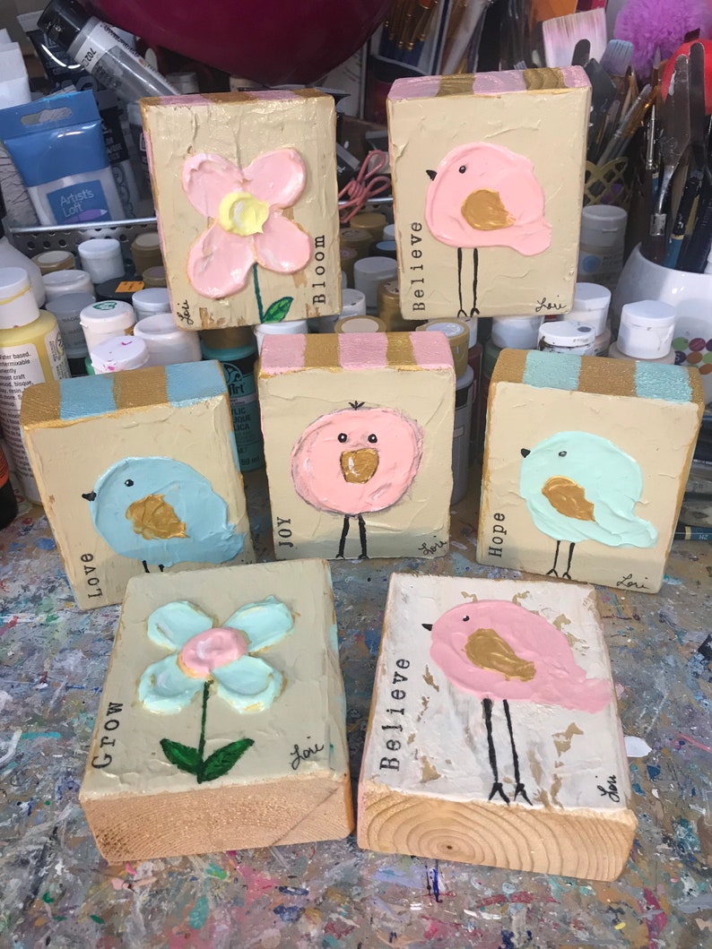 Whimsical Bird Wood Block Art Etsy