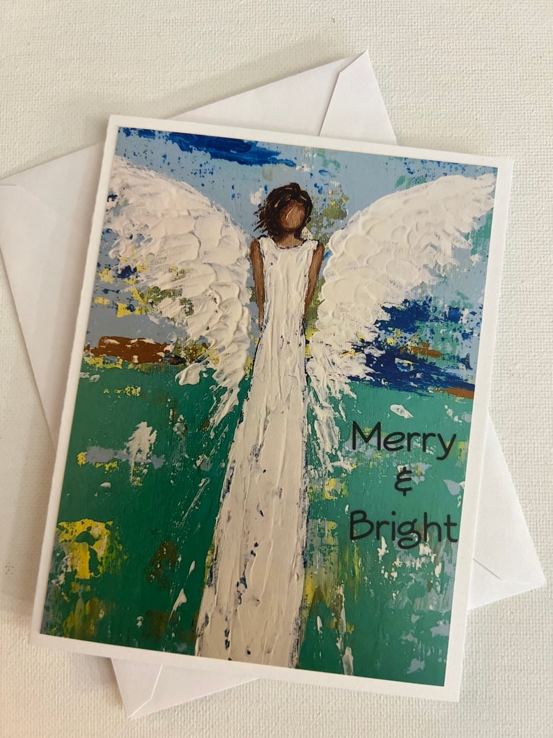 Angel Christmas card on quality paper stock with Merry &Bright wording. image 3