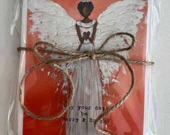 Set of African American Angel Holiday Greeting Cards includes 4 various black  angel artwork with Holiday wording