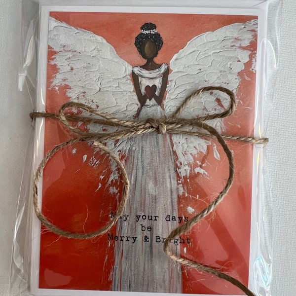 Set of African American Angel Holiday Greeting Cards includes 4 various black  angel artwork with Holiday wording