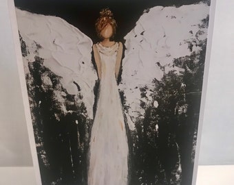May include: A white angel with wings painted on a black background. The angel is wearing a white dress and has brown hair.